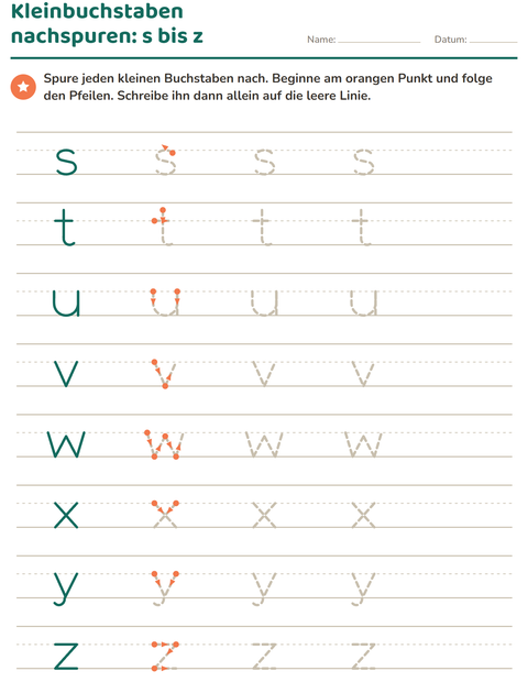 Kleinbuchstaben s bis z nachspuren