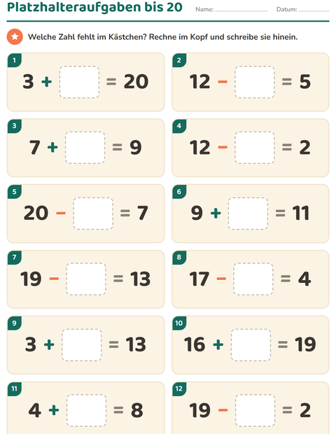 Vorschau: Kopfrechnen-Arbeitsblatt für 1. Klasse