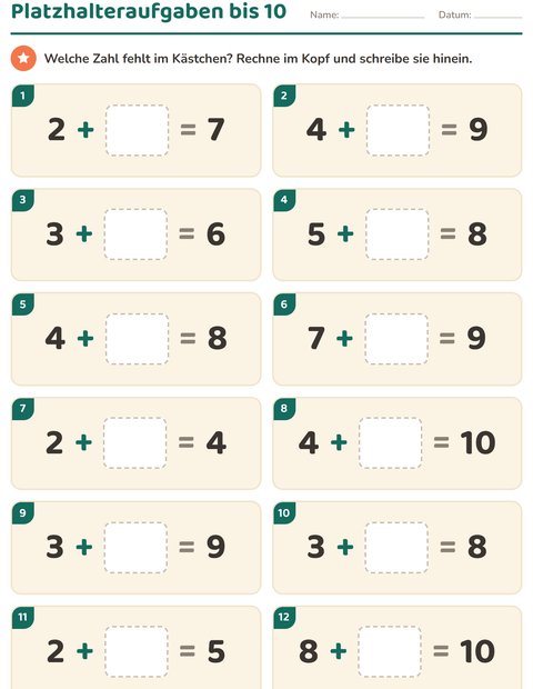 Vorschau: Kopfrechnen-Arbeitsblatt für 1. Klasse