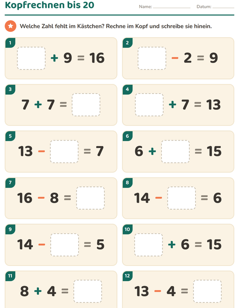 Vorschau: Kopfrechnen-Arbeitsblatt für 1. Klasse