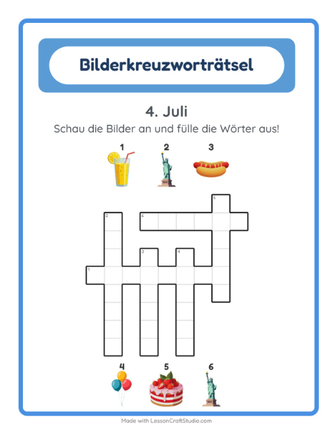 Vorschau: Kreuzworträtsel-Arbeitsblatt mit 4. Juli für 2. Klasse