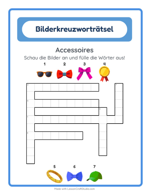 Vorschau: Kreuzworträtsel-Arbeitsblatt mit Accessoires für 2. Klasse