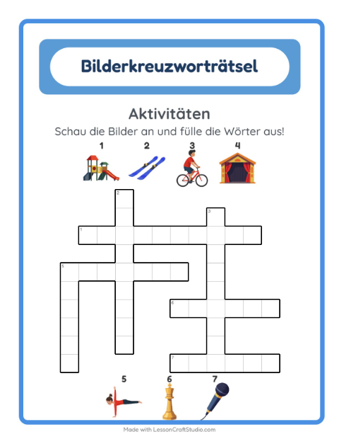 Vorschau: Kreuzworträtsel-Arbeitsblatt mit Aktivitäten für 2. Klasse
