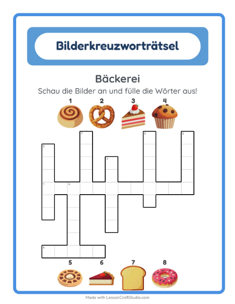 Vorschau: Kreuzworträtsel-Arbeitsblatt mit Bäckerei für 2. Klasse
