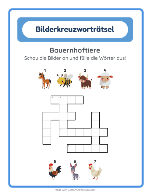 Vorschau: Kreuzworträtsel-Arbeitsblatt mit Bauernhoftiere für 2. Klasse