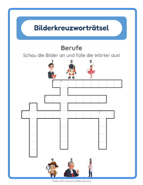 Vorschau: Kreuzworträtsel-Arbeitsblatt mit Berufe für 2. Klasse