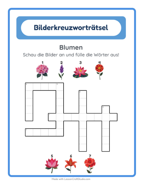 Vorschau: Kreuzworträtsel-Arbeitsblatt mit Blumen für 2. Klasse