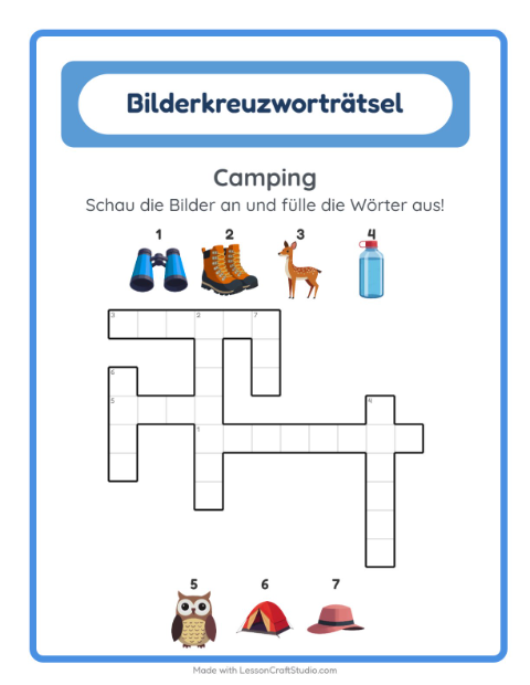 Vorschau: Kreuzworträtsel-Arbeitsblatt mit Camping für 2. Klasse