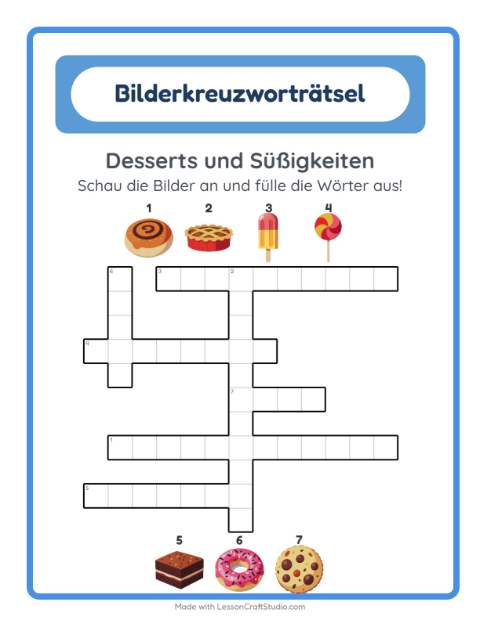 Vorschau: Kreuzworträtsel-Arbeitsblatt mit Desserts und Süßigkeiten für 2. Klasse
