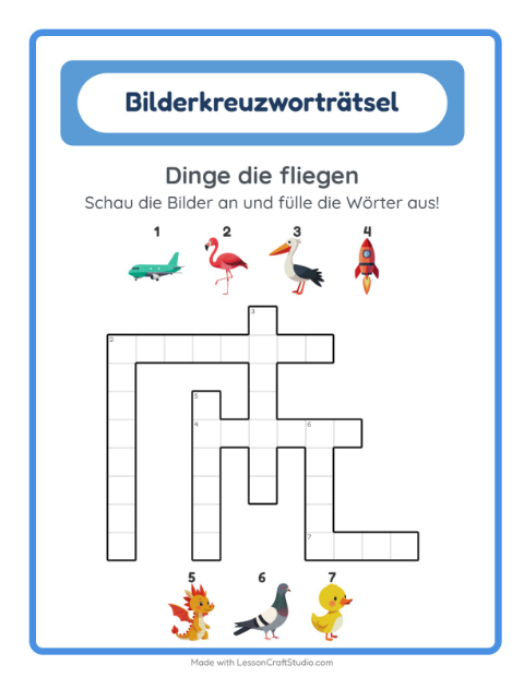 Vorschau: Kreuzworträtsel-Arbeitsblatt mit Dinge die fliegen für 2. Klasse