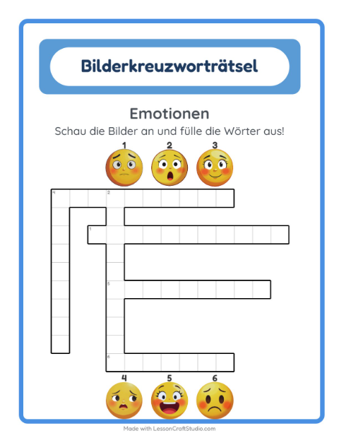 Vorschau: Kreuzworträtsel-Arbeitsblatt mit Emotionen für 2. Klasse