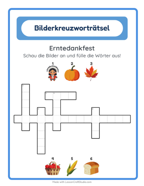 Vorschau: Kreuzworträtsel-Arbeitsblatt mit Erntedankfest für 2. Klasse