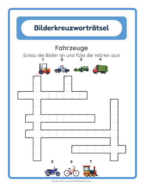 Vorschau: Kreuzworträtsel-Arbeitsblatt mit Fahrzeuge für 2. Klasse