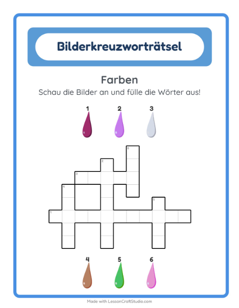 Vorschau: Kreuzworträtsel-Arbeitsblatt mit Farben für 2. Klasse