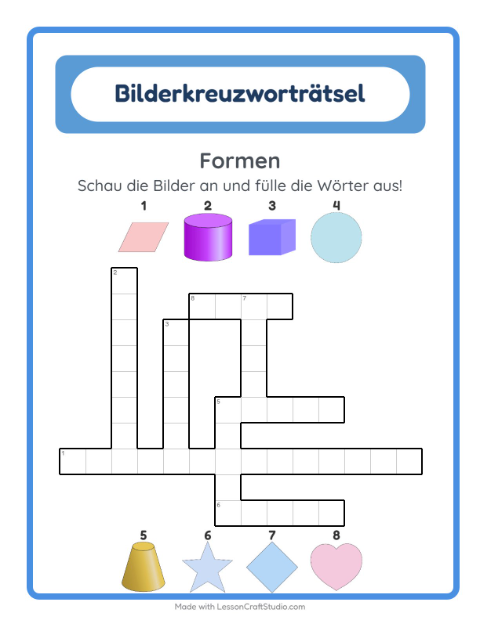 Vorschau: Kreuzworträtsel-Arbeitsblatt mit Formen für 2. Klasse