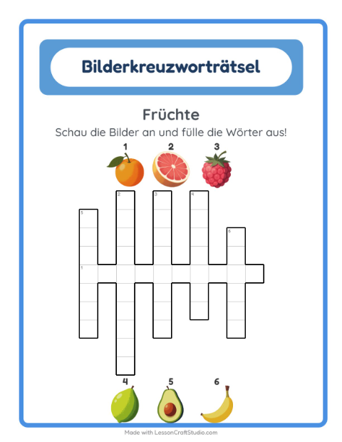 Vorschau: Kreuzworträtsel-Arbeitsblatt mit Früchte für 2. Klasse