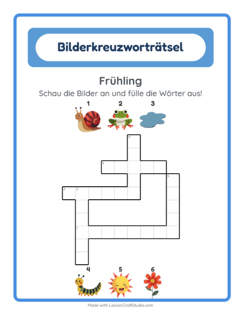 Vorschau: Kreuzworträtsel-Arbeitsblatt mit Frühling für 2. Klasse