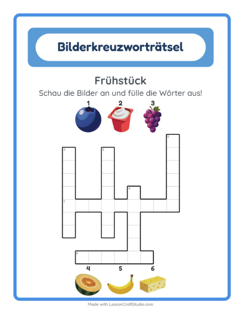 Vorschau: Kreuzworträtsel-Arbeitsblatt mit Frühstück für 2. Klasse