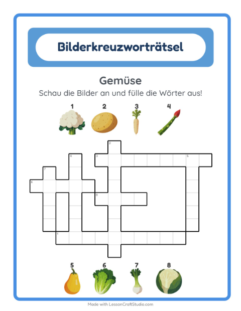 Vorschau: Kreuzworträtsel-Arbeitsblatt mit Gemüse für 2. Klasse