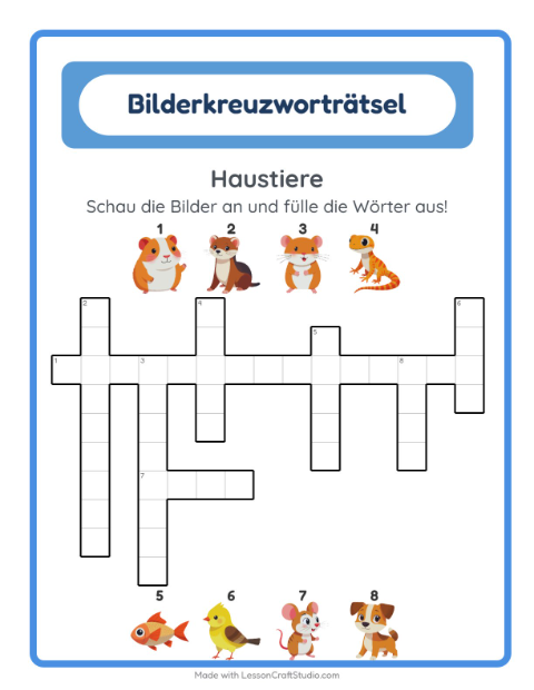 Vorschau: Kreuzworträtsel-Arbeitsblatt mit Haustiere für 2. Klasse