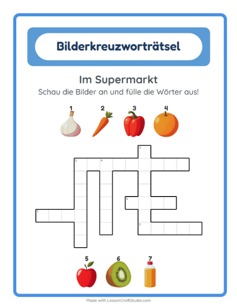 Vorschau: Kreuzworträtsel-Arbeitsblatt mit Im Supermarkt für 2. Klasse