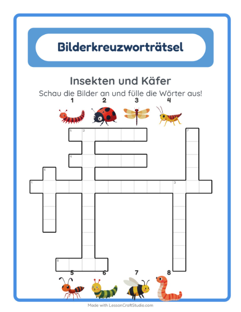 Vorschau: Kreuzworträtsel-Arbeitsblatt mit Insekten und Käfer für 2. Klasse