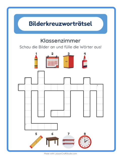 Vorschau: Kreuzworträtsel-Arbeitsblatt mit Klassenzimmer für 2. Klasse