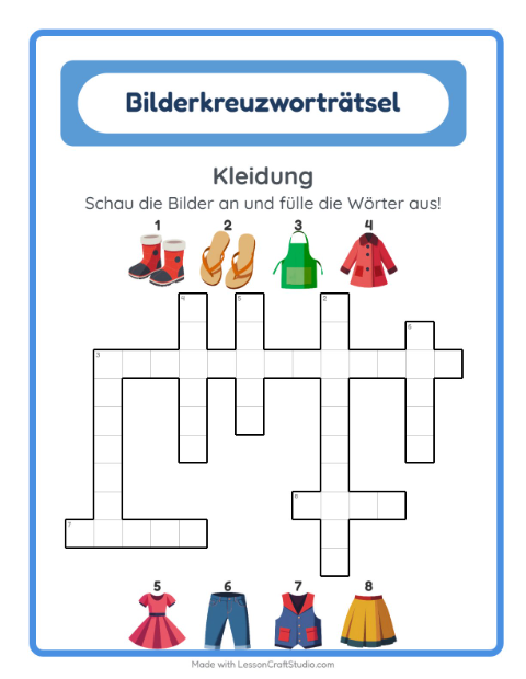 Vorschau: Kreuzworträtsel-Arbeitsblatt mit Kleidung für 2. Klasse
