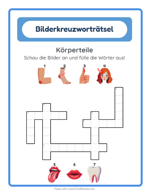 Vorschau: Kreuzworträtsel-Arbeitsblatt mit Körperteile für 2. Klasse