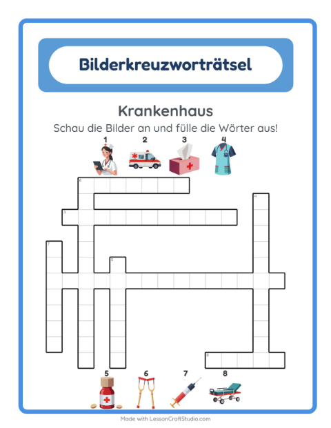 Vorschau: Kreuzworträtsel-Arbeitsblatt mit Krankenhaus für 2. Klasse