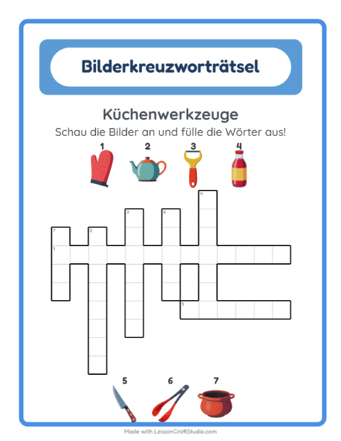 Vorschau: Kreuzworträtsel-Arbeitsblatt mit Küchenwerkzeuge für 2. Klasse