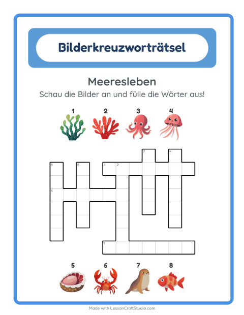 Vorschau: Kreuzworträtsel-Arbeitsblatt mit Meeresleben für 2. Klasse