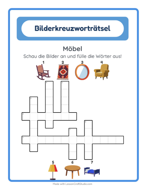 Vorschau: Kreuzworträtsel-Arbeitsblatt mit Möbel für 2. Klasse