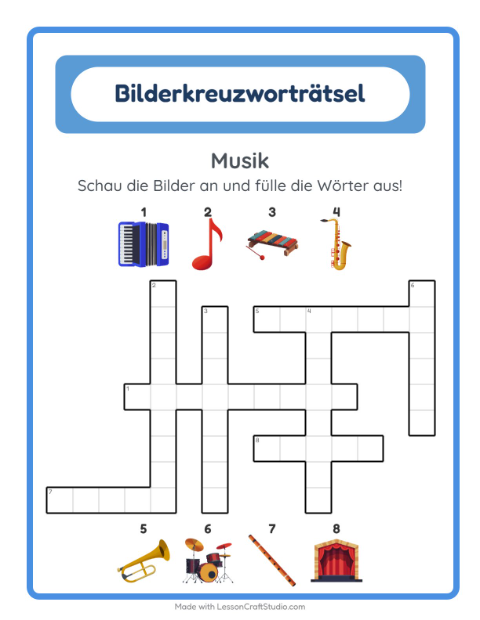 Vorschau: Kreuzworträtsel-Arbeitsblatt mit Musik für 2. Klasse