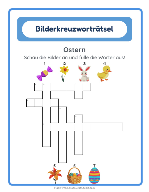 Vorschau: Kreuzworträtsel-Arbeitsblatt mit Ostern für 2. Klasse