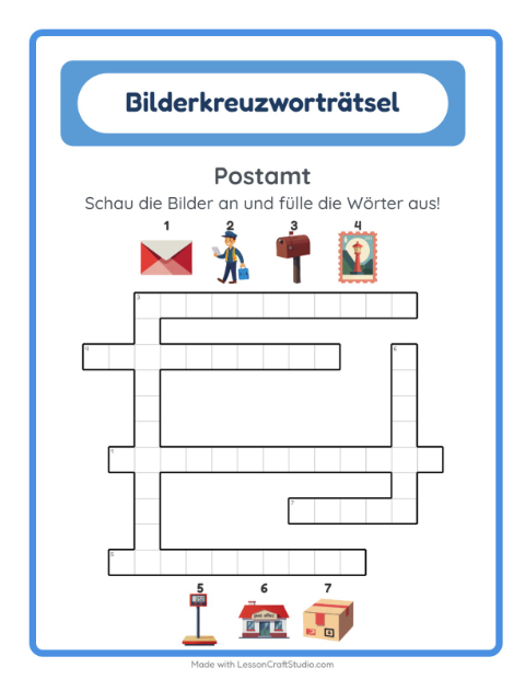 Vorschau: Kreuzworträtsel-Arbeitsblatt mit Postamt für 2. Klasse
