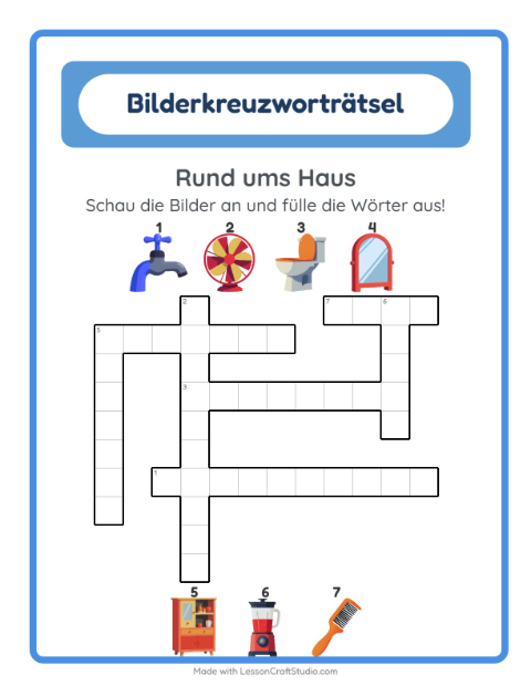 Vorschau: Kreuzworträtsel-Arbeitsblatt mit Rund ums Haus für 2. Klasse