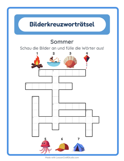 Vorschau: Kreuzworträtsel-Arbeitsblatt mit Sommer für 2. Klasse