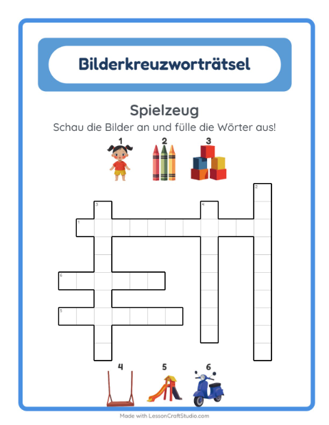 Vorschau: Kreuzworträtsel-Arbeitsblatt mit Spielzeug für 2. Klasse