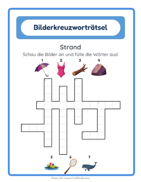 Vorschau: Kreuzworträtsel-Arbeitsblatt mit Strand für 2. Klasse