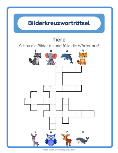 Vorschau: Kreuzworträtsel-Arbeitsblatt mit Tiere für 2. Klasse