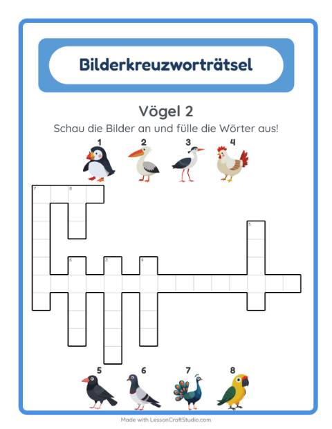 Vorschau: Kreuzworträtsel-Arbeitsblatt mit Vögel 2 für 2. Klasse