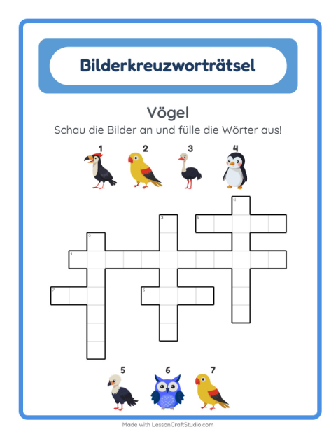 Vorschau: Kreuzworträtsel-Arbeitsblatt mit Vögel für 2. Klasse