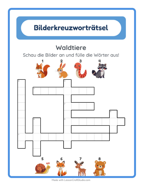Vorschau: Kreuzworträtsel-Arbeitsblatt mit Waldtiere für 2. Klasse