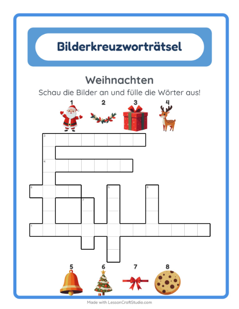 Vorschau: Kreuzworträtsel-Arbeitsblatt mit Weihnachten für 2. Klasse