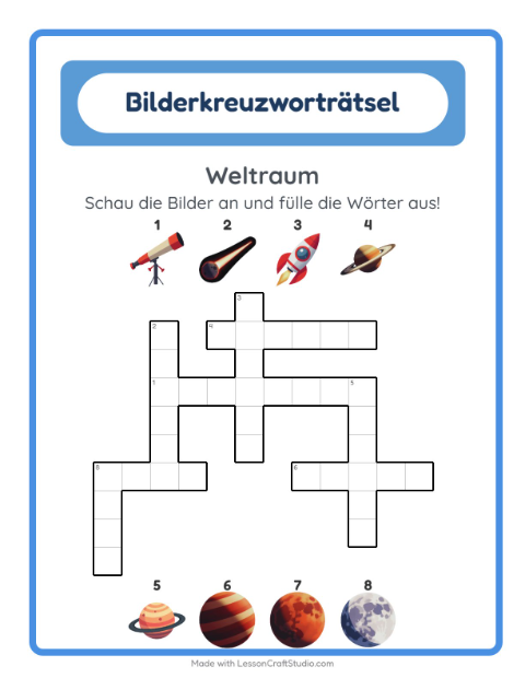 Vorschau: Kreuzworträtsel-Arbeitsblatt mit Weltraum für 2. Klasse