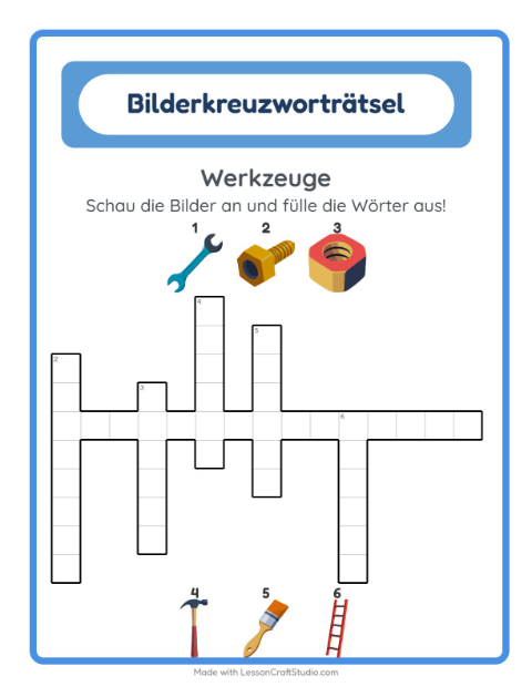Vorschau: Kreuzworträtsel-Arbeitsblatt mit Werkzeuge für 2. Klasse