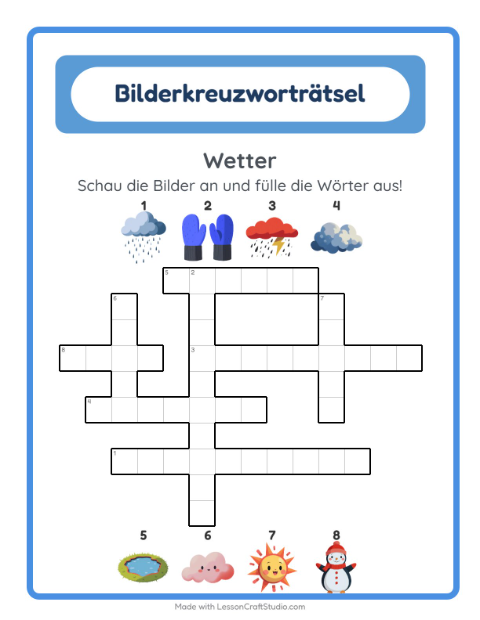 Vorschau: Kreuzworträtsel-Arbeitsblatt mit Wetter für 2. Klasse