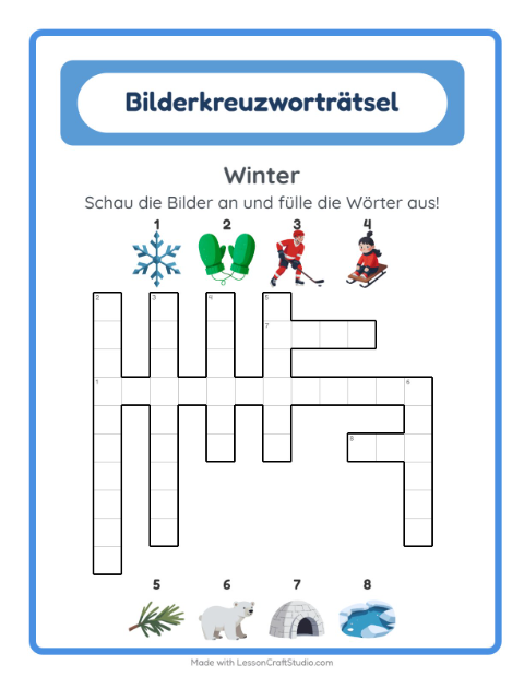 Vorschau: Kreuzworträtsel-Arbeitsblatt mit Winter für 2. Klasse