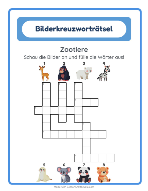 Vorschau: Kreuzworträtsel-Arbeitsblatt mit Zootiere für 2. Klasse